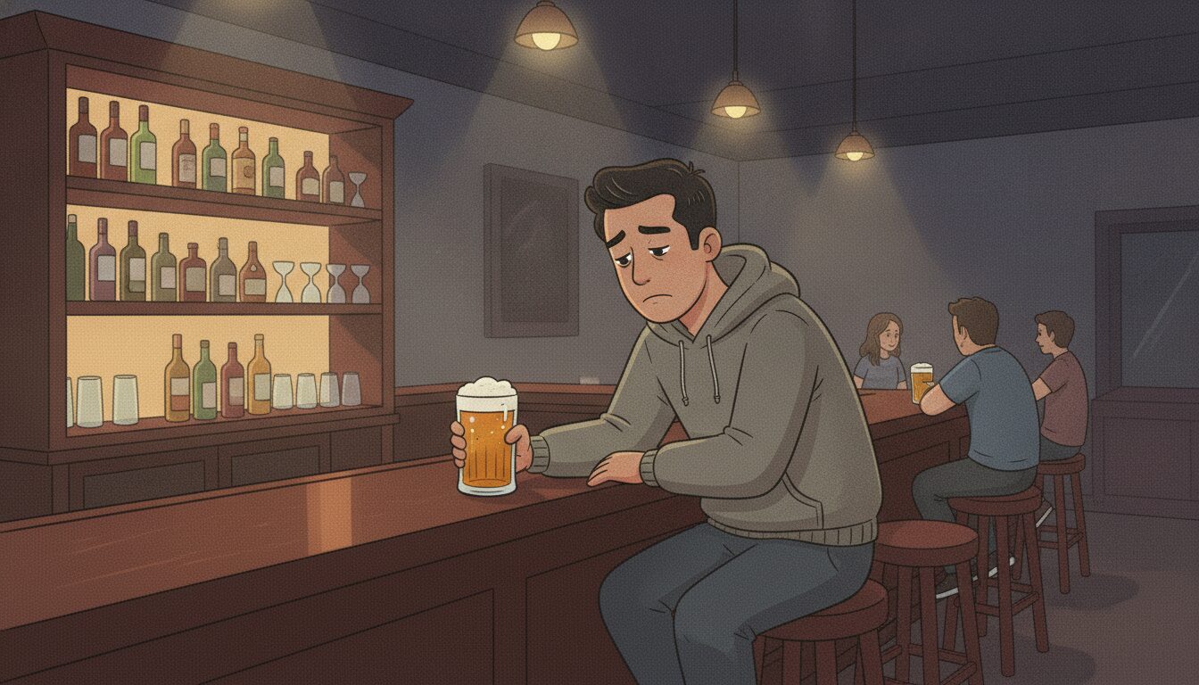 Man sitting in a bar alone holding a beer. He looks sad.