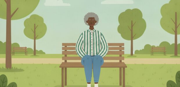 An older adult with gray hair sits on a wooden park bench, wearing a green striped shirt and blue jeans, in a sunny park.