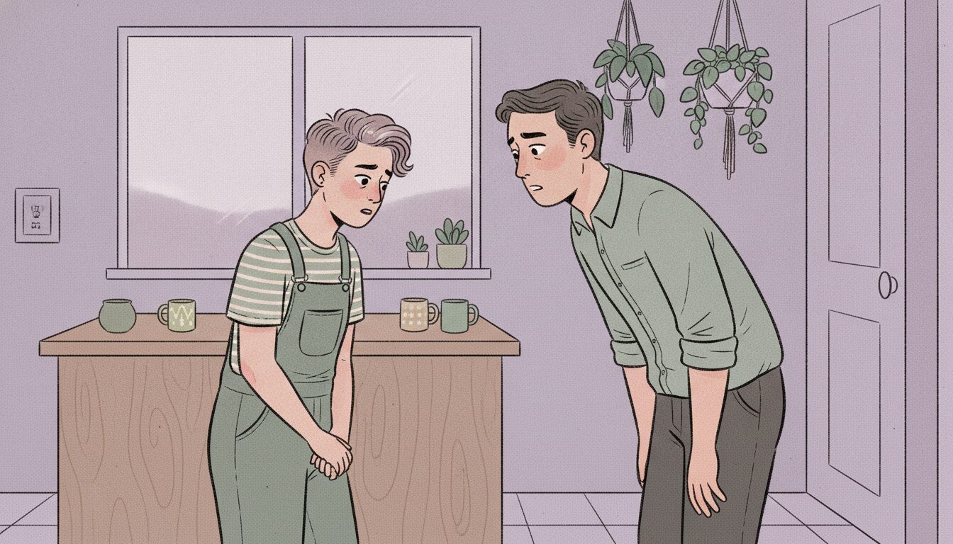 Nervous non-binary teenager talks to concerned parent. 