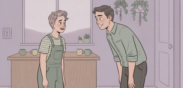 non-binary teenager talks to supportive parent.