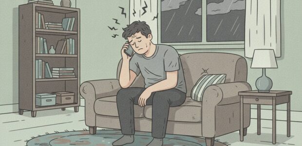 A man in distress is picking up the phone to call Athena Care for PHP help.