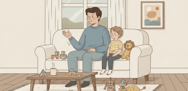 Father and young boy sit on a cream sofa, playing with wooden blocks; a toy robot and a sleeping cat are on the rug nearby.