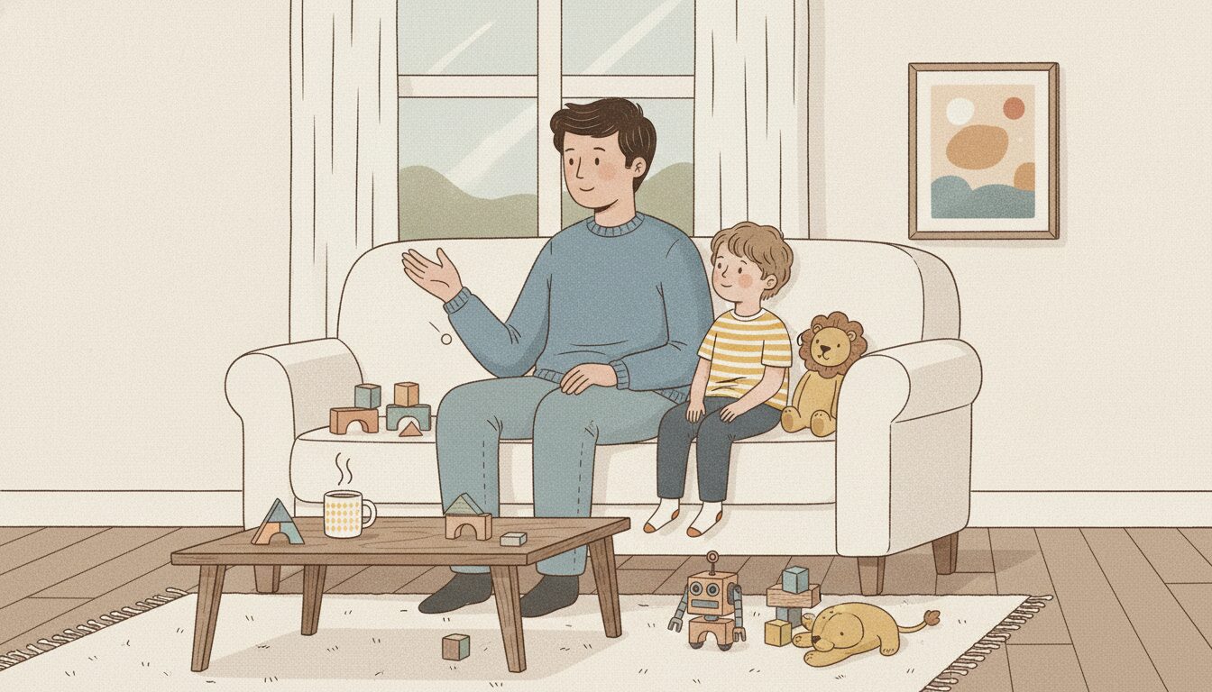 Father and young boy sit on a cream sofa, playing with wooden blocks; a toy robot and a sleeping cat are on the rug nearby.