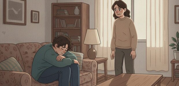 A boy sits dejectedly on a floral sofa with head bowed; a woman stands nearby with a worried expression in a cozy living room.