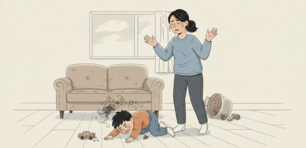 Woman standing with arms raised as a child crawls on the floor amid spilled toys and a tipped basket.