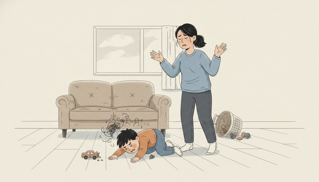 Woman standing with arms raised as a child crawls on the floor amid spilled toys and a tipped basket.