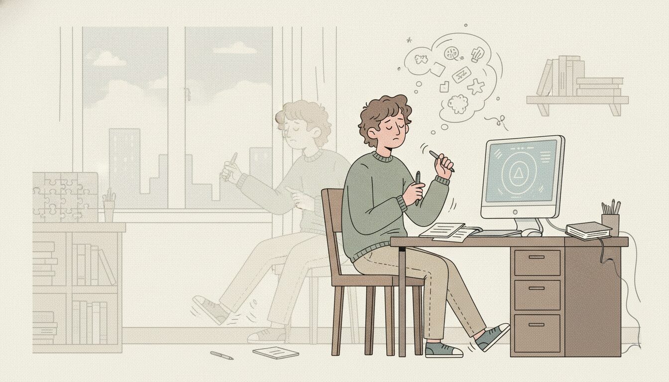 Young man with ADHD in his room and can't sit still.