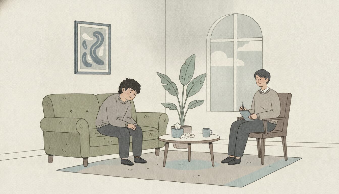 Therapist sits in a chair with a clipboard while a client rests on a green sofa in a cozy living room with a plant and coffee table between them.