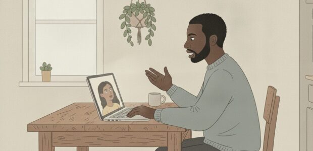A man talks to his therapist over telehealth
