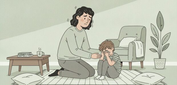 A parent is trying to comfort her young son, who is crying on the floor is very upset.