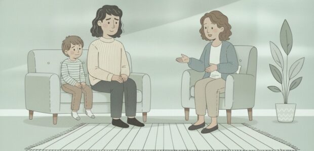 A parent and child go to a mental healthcare provider's office to get help.