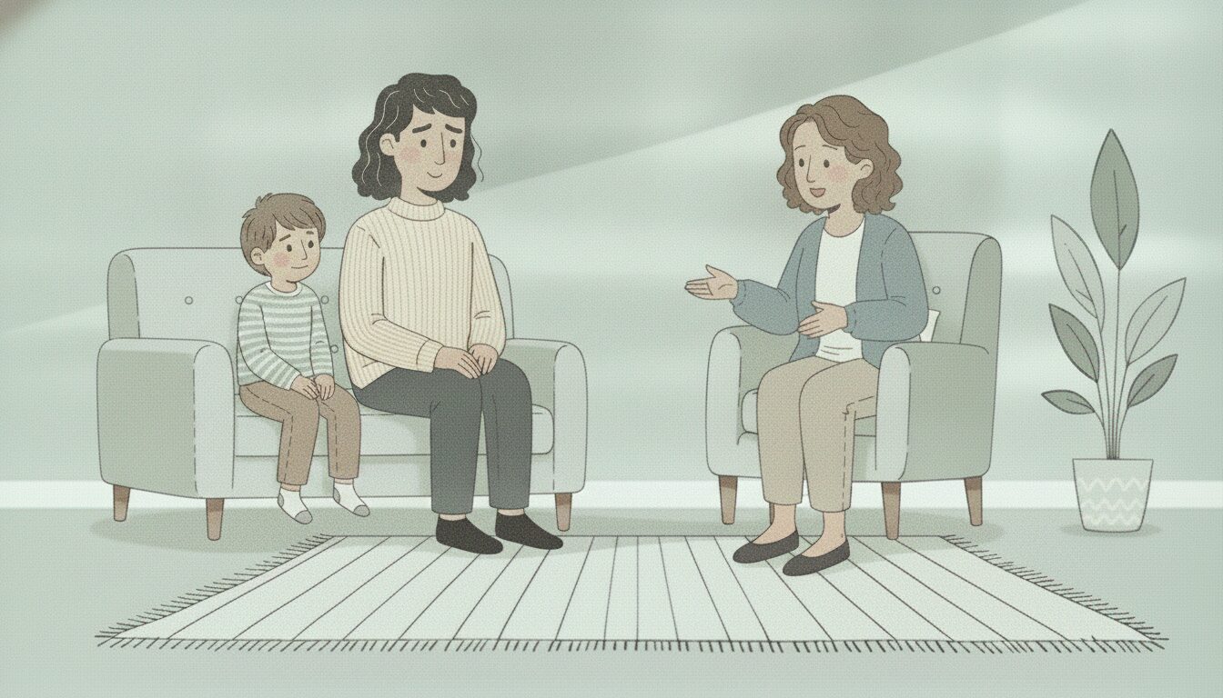 A parent and child go to a mental healthcare provider's office to get help.