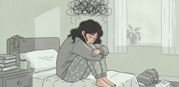 An anxious girl sits in her bedroom.