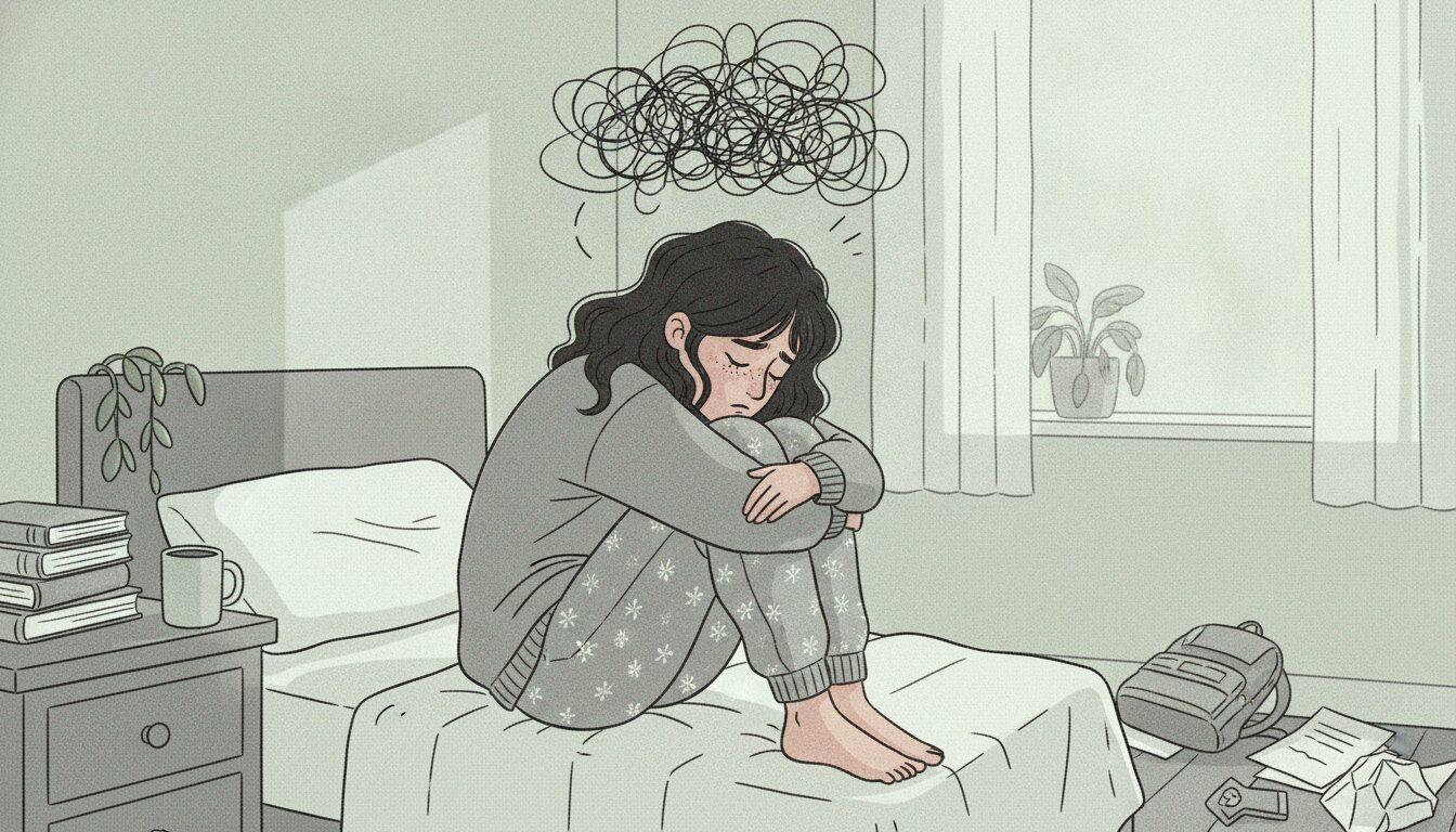 An anxious girl sits in her bedroom.
