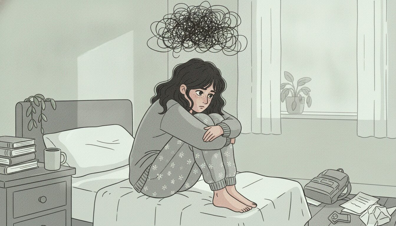 An anxious girl sits in her bedroom.