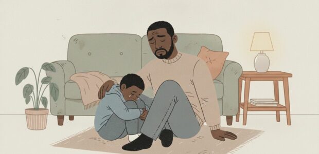 A Black father sits with his young son on the floor in their living. The son is upset and the father tries to comfort him.
