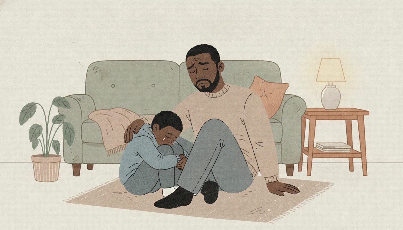 A Black father sits with his young son on the floor in their living. The son is upset and the father tries to comfort him.