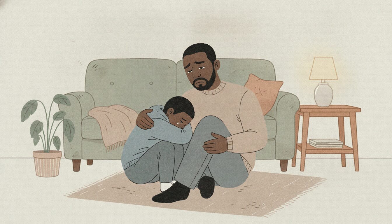 A Black father sits with his young son on the floor in their living. The son is upset and the father tries to comfort him. 