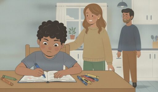 A neurodivergent boy sits drawing at the kitchen table, wearing noise-cancelling headphones. His mom and dad are nearby and supportive.
