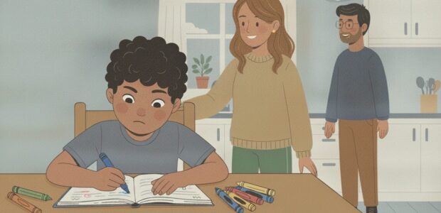 A neurodivergent boy sits drawing at the kitchen table, wearing noise-cancelling headphones. His mom and dad are nearby and supportive.