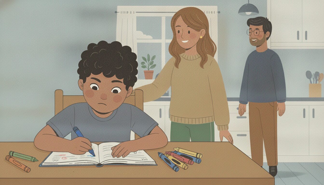A neurodivergent boy sits drawing at the kitchen table, wearing noise-cancelling headphones. His mom and dad are nearby and supportive.