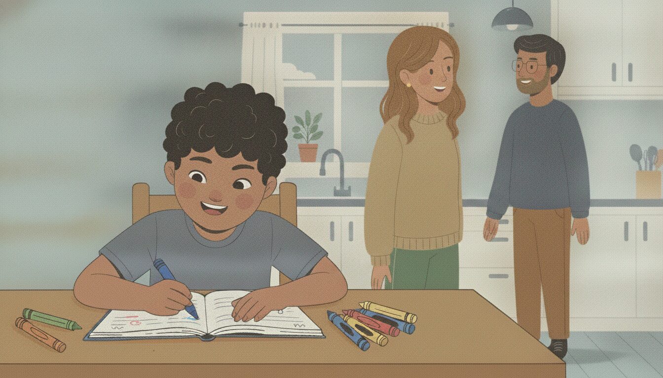 A neurodivergent boy sits drawing at the kitchen table, wearing noise-cancelling headphones. His mom and dad are nearby and supportive.