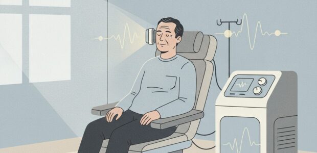 A depressed man sits in a TMS chair, receiving treatment for his severe depression.