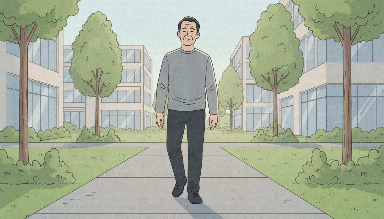 A man walking outside, smiling slightly while in the sunshine in an office park.