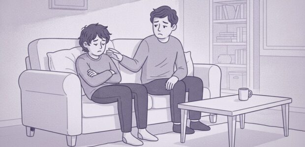 An upset teenage boy sits at home on his couch. His dad sits next to him and looks worried.