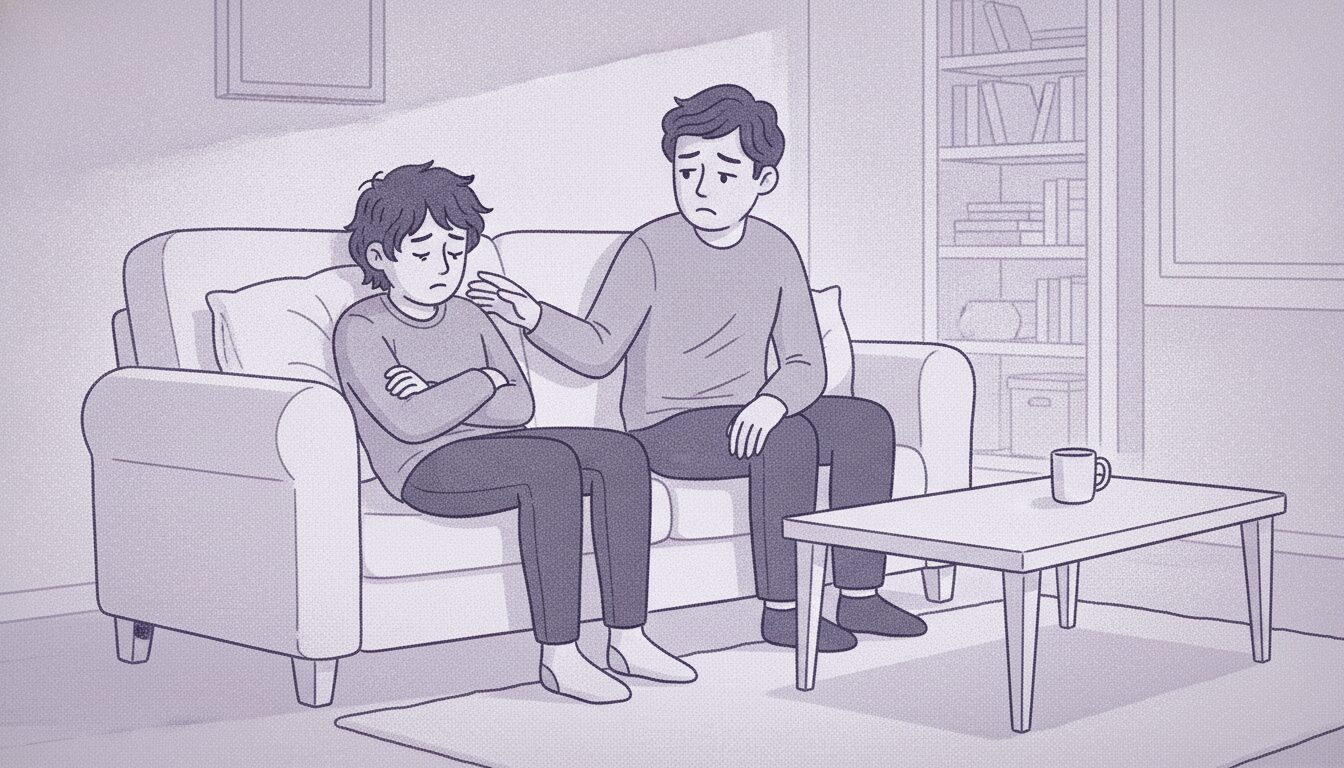 An upset teenage boy sits at home on his couch. His dad sits next to him and looks worried.
