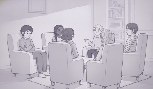 Group therapy (IOP) for adolescents. Several teens and a licensed care provider are sitting in chairs in a circle talking.