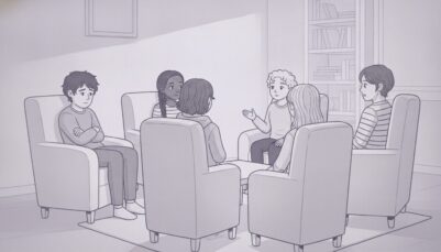 Group therapy (IOP) for adolescents. Several teens and a licensed care provider are sitting in chairs in a circle talking.