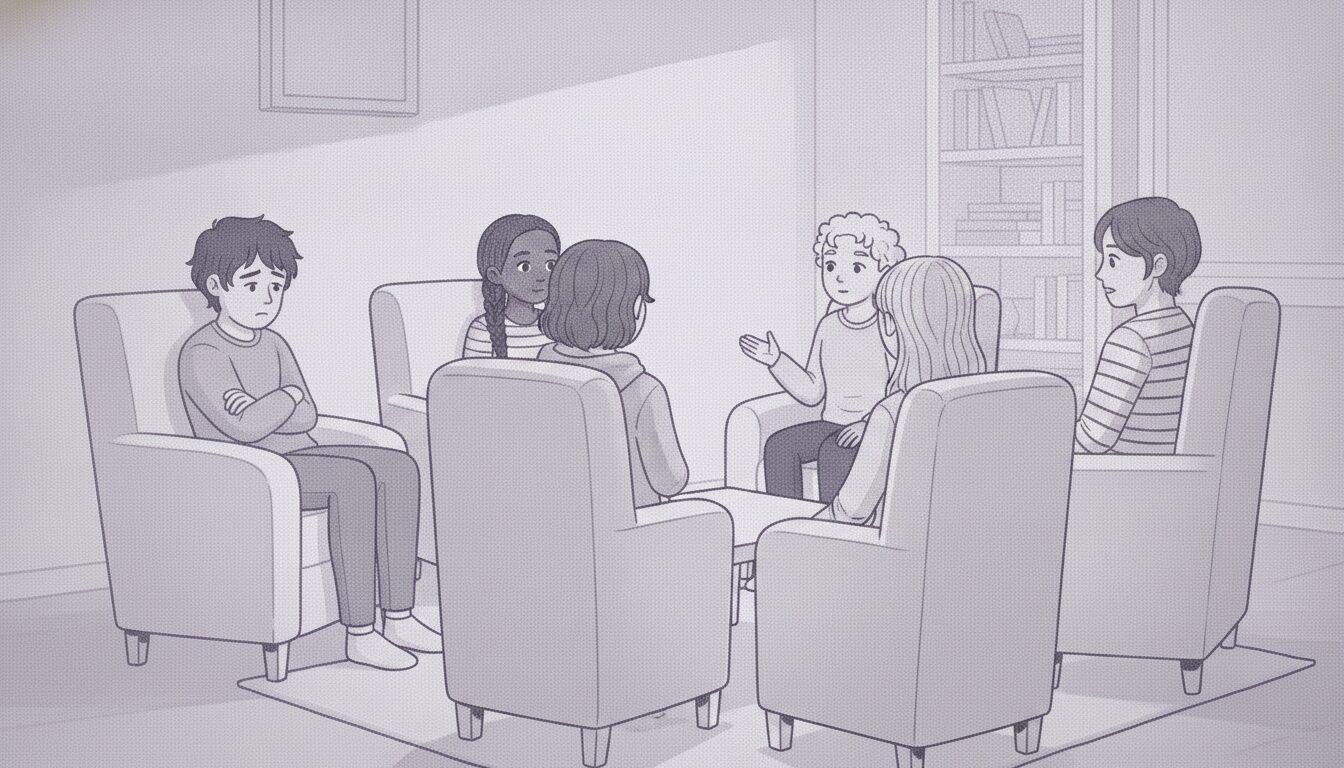 Group therapy (IOP) for adolescents. Several teens and a licensed care provider are sitting in chairs in a circle talking.