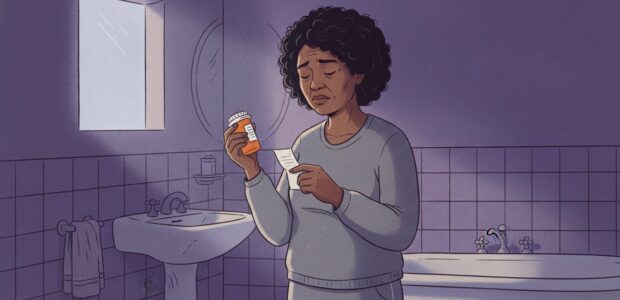 Black woman reads a prescription bottle and a note in a dimly lit bathroom by a sink and tub.