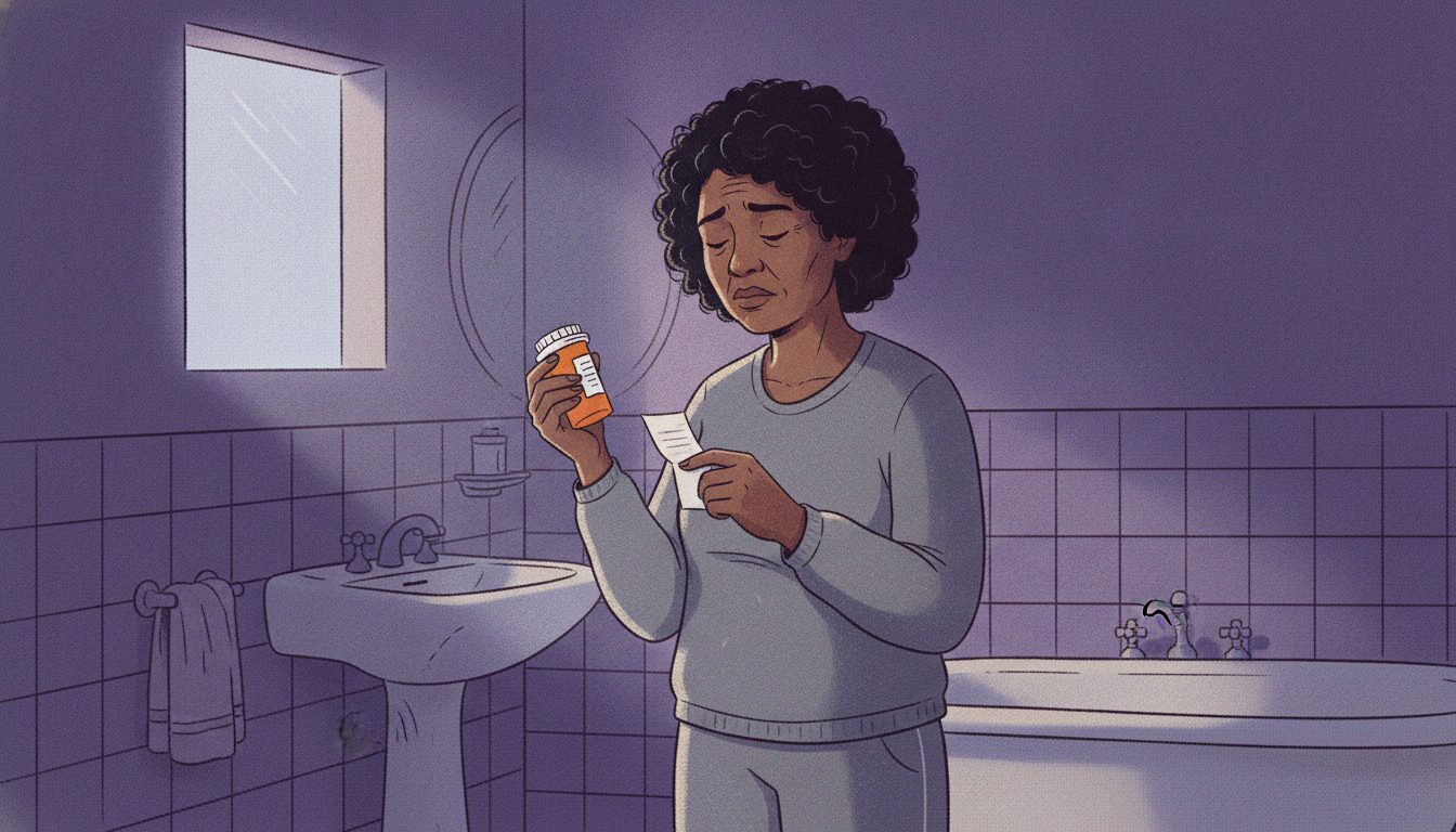 Black woman reads a prescription bottle and a note in a dimly lit bathroom by a sink and tub.