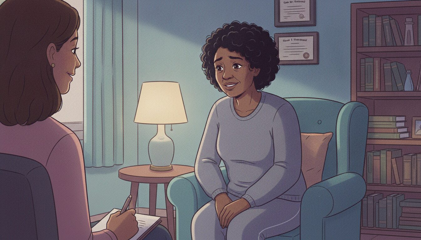 A therapy session: a Black woman looks relived and sits in a blue armchair while a therapist sits nearby taking notes in a cozy living-room setting.