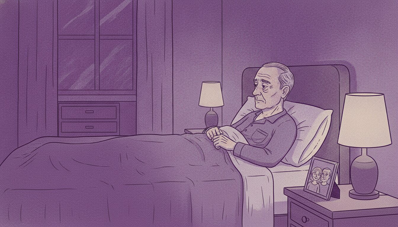 Older man lies in bed propped with pillows, hands resting on his chest, in a dim purple bedroom with two lamps and a framed photo on the nightstand.