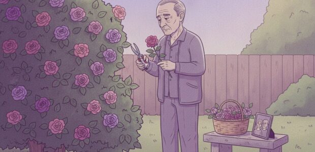 An older man who is grieving the loss of his wife is outside cutting flowers to take inside.