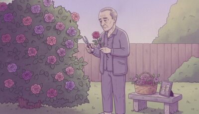 An older man who is grieving the loss of his wife is outside cutting flowers to take inside.