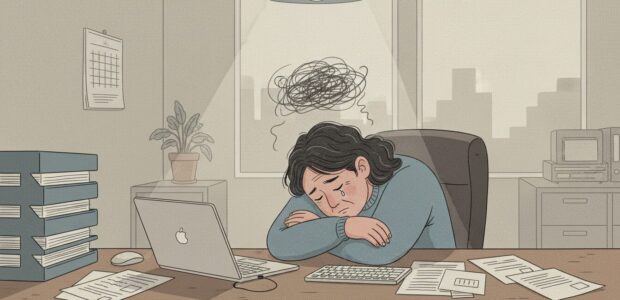 Tired office worker rests head on folded arms at a cluttered desk with a laptop, papers, and a tall stack of folders.