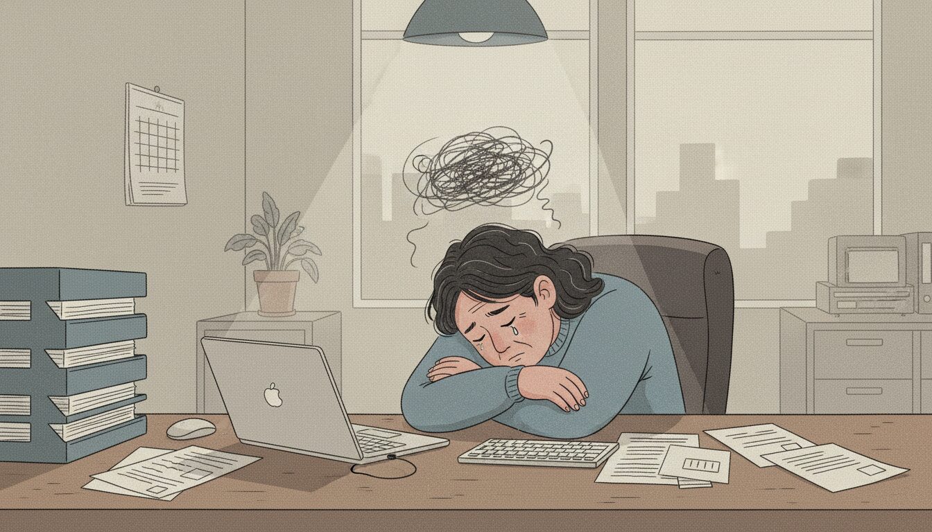 Tired office worker rests head on folded arms at a cluttered desk with a laptop, papers, and a tall stack of folders.