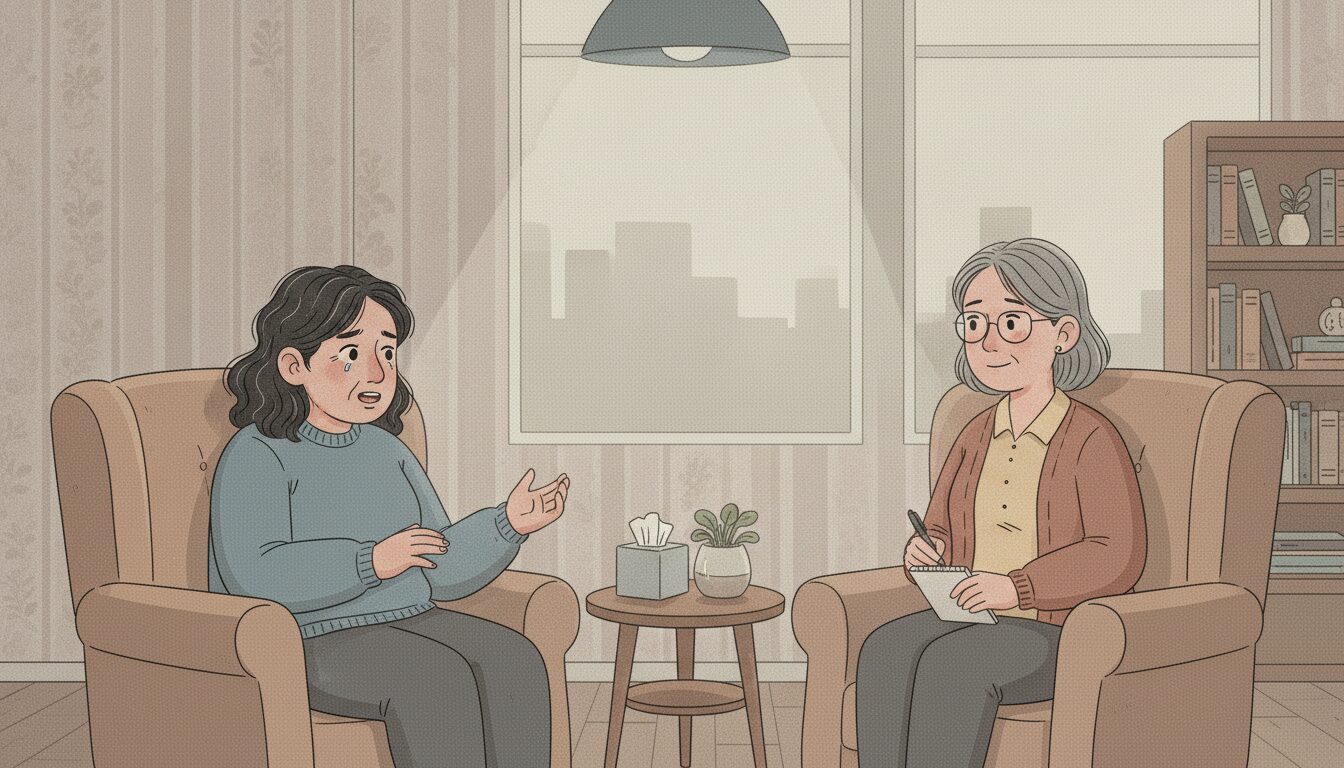 A young woman in a blue sweater speaks with a tearful expression as she sits in an armchair across from a therapist who takes notes.