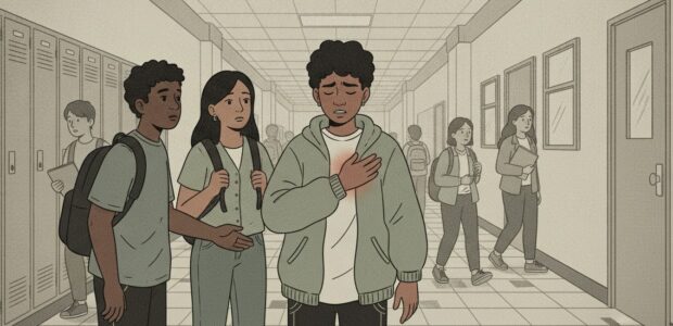 A student in a green hoodie clutches his chest in a school hallway as worried classmates stand nearby by lockers and doors.