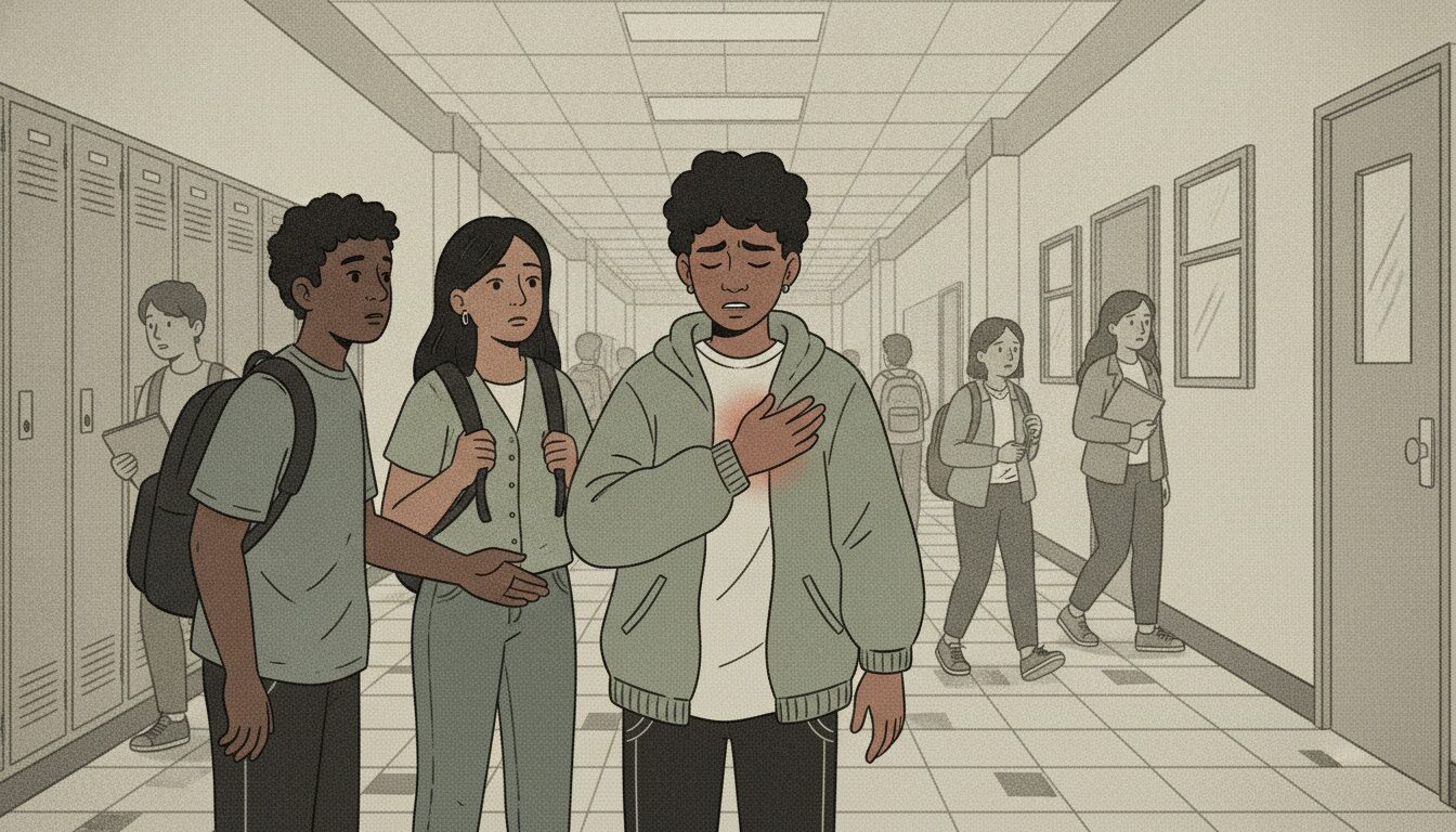 A young non-binary student of color stands in a school hallway and clutches their chest, near their heart. Two concerned friends stand near them.