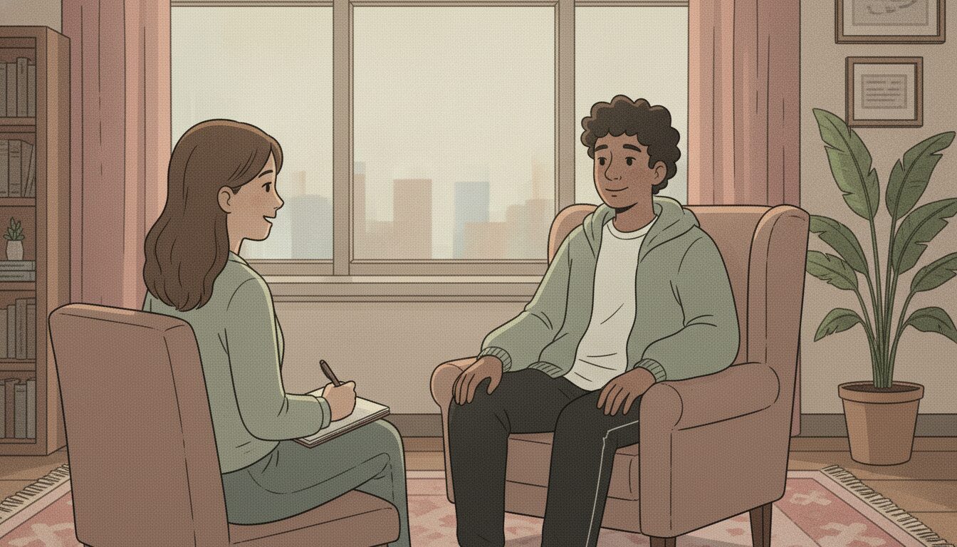 A young student sits in a care provider's office talking to her. The care provider is taking notes and they're both smiling. 