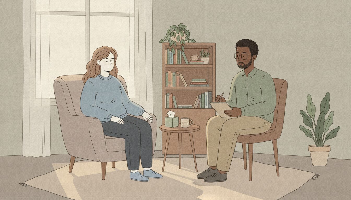 A psychological evaluator talks to a female patient. They're both sitting in chairs in a room with a window and a plant. 
