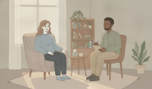 Woman client sits in a beige armchair across from a male therapist who takes notes in a cozy room with a bookshelf and plants nearby in a therapy setting.