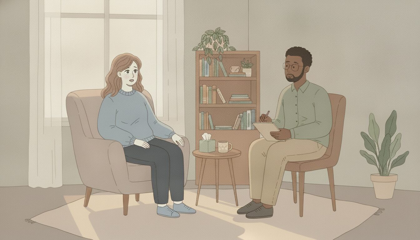 Woman client sits in a beige armchair across from a male therapist who takes notes in a cozy room with a bookshelf and plants nearby in a therapy setting.