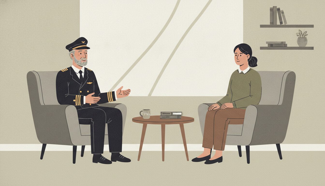 A male pilot in uniform is sitting in a chair talking to a fitness for duty evaluator, who is a woman sitting in a chair opposite the pilot.