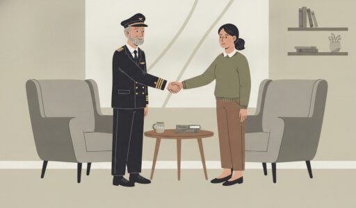 Pilot in uniform shakes hands with a woman in a living room, standing between two armchairs around a small table.